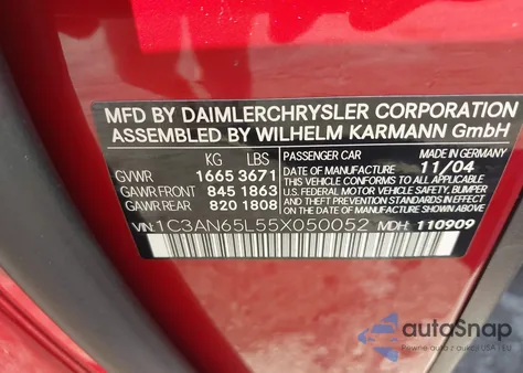 2005 Chrysler Crossfire Limited z USA, uszkodzony, nr VIN 1C3AN65L55X050052